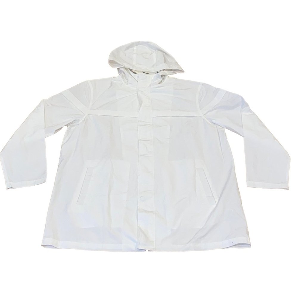 TAKEON Hooded Raincoat White Size Large Unisex Water Repellant Reflective Womens